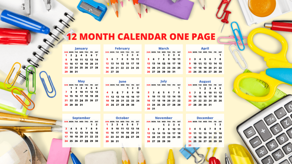 12 Month Calendar Single Page Template