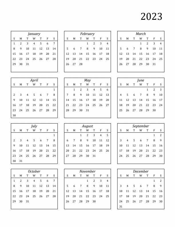 12 month calendar 2023 in one page to print