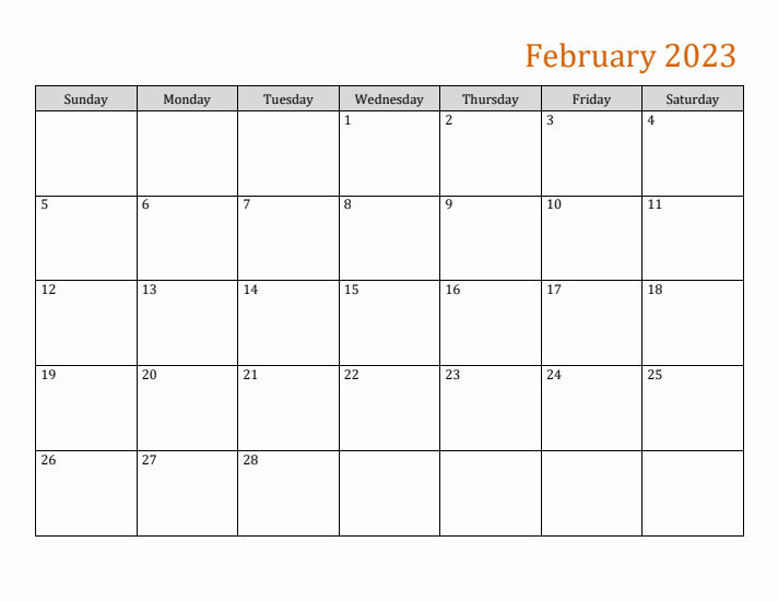 Blank Calendar of February 2023