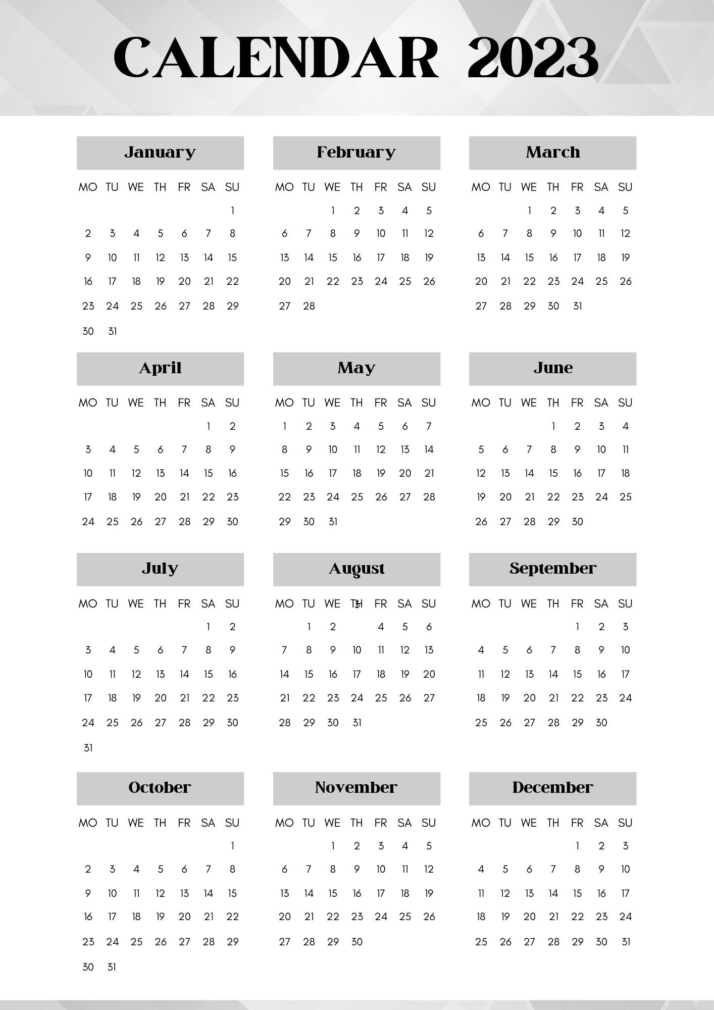 12 Month Calendar One Page Printable Free Download