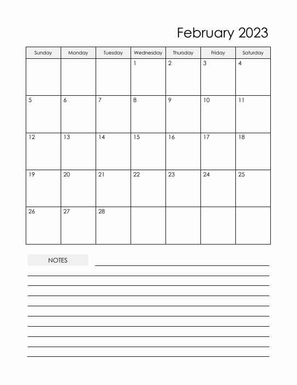 Printable Calendar for February 2023 Portrait