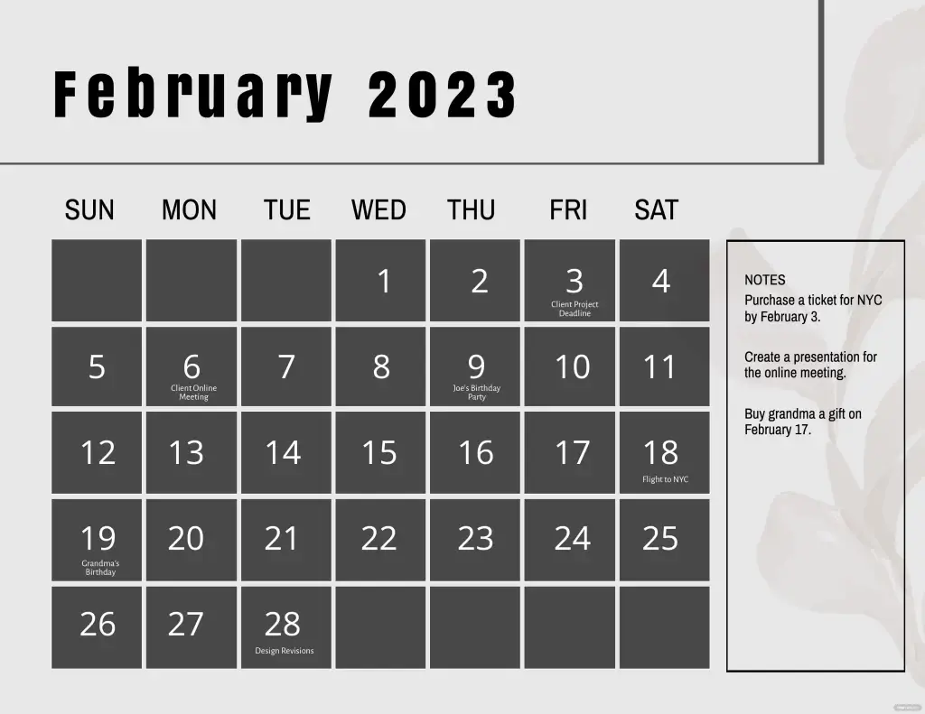 black and white calendar february 2023