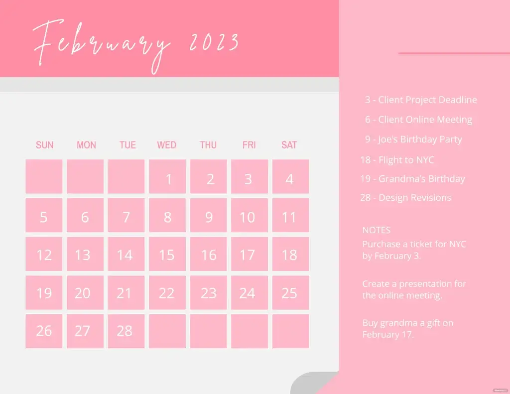 cute february calendar 2023 template