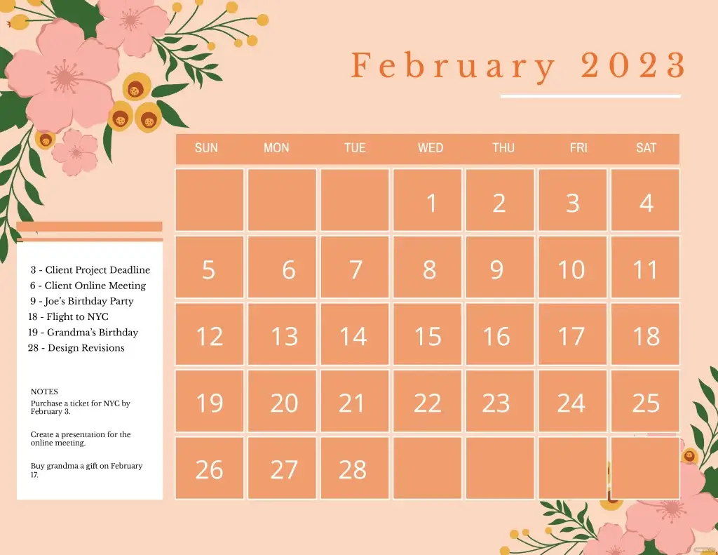 february 2023 calendar floral template