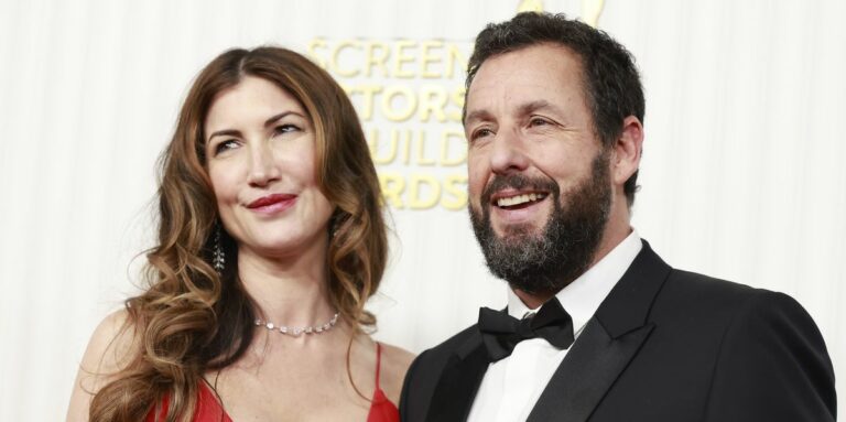 Adam Sandler's Wife Jackie Shuts Down the Red Carpet in a Seriously Low-Cut Red Gown