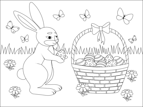 Easter Basket and Bunny Black and White Drawing