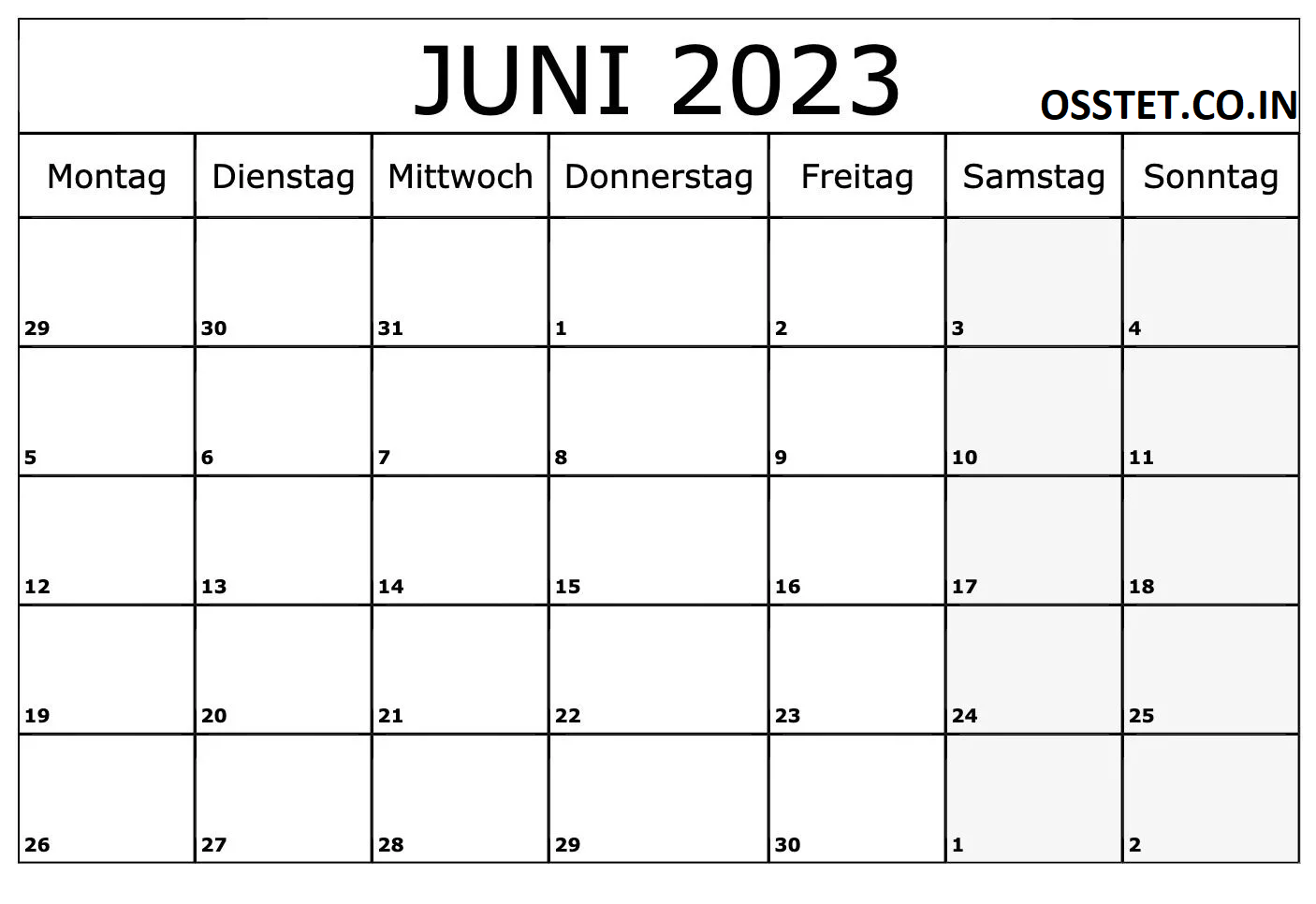 2023 Kostenloser druckbarer Kalender Juni