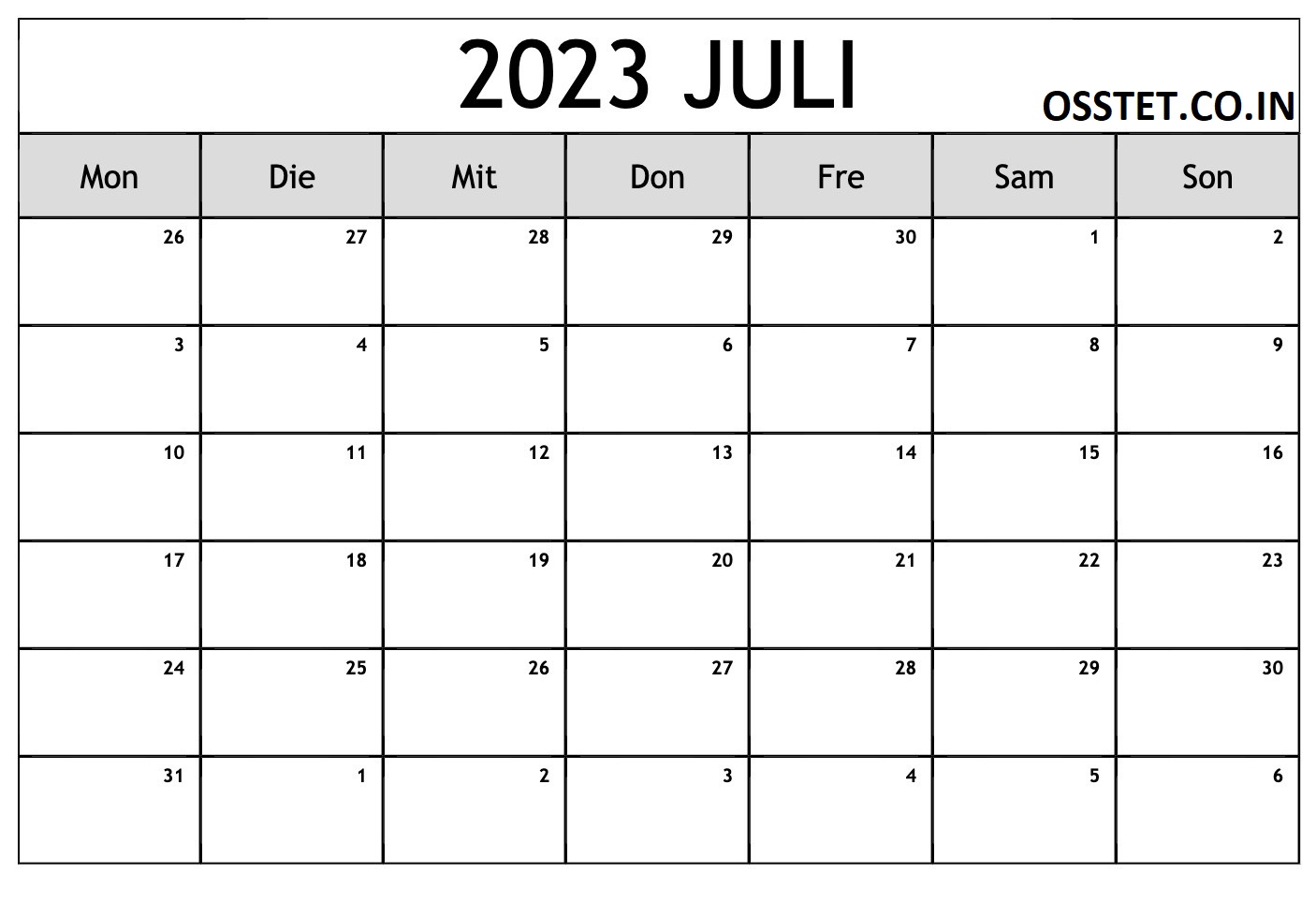 Bearbeitbare Vorlagen für den Juli-Kalender 2023