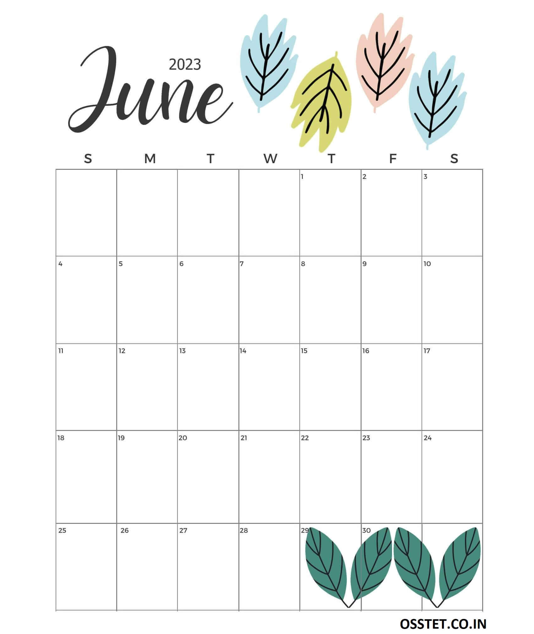 Calendar June 2023 Cute Cactus Leaves