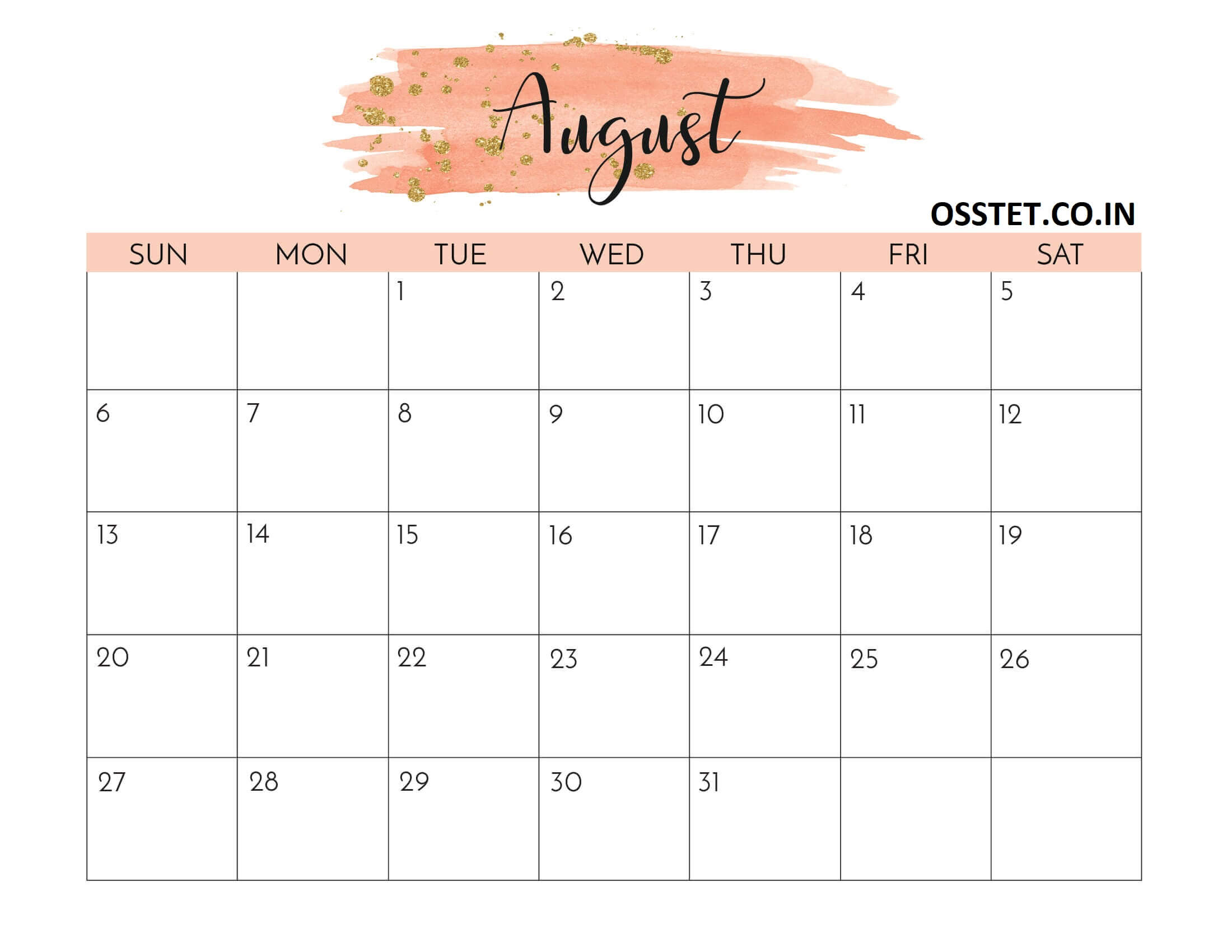 Cute August 2023 Calendar Printable Water Color