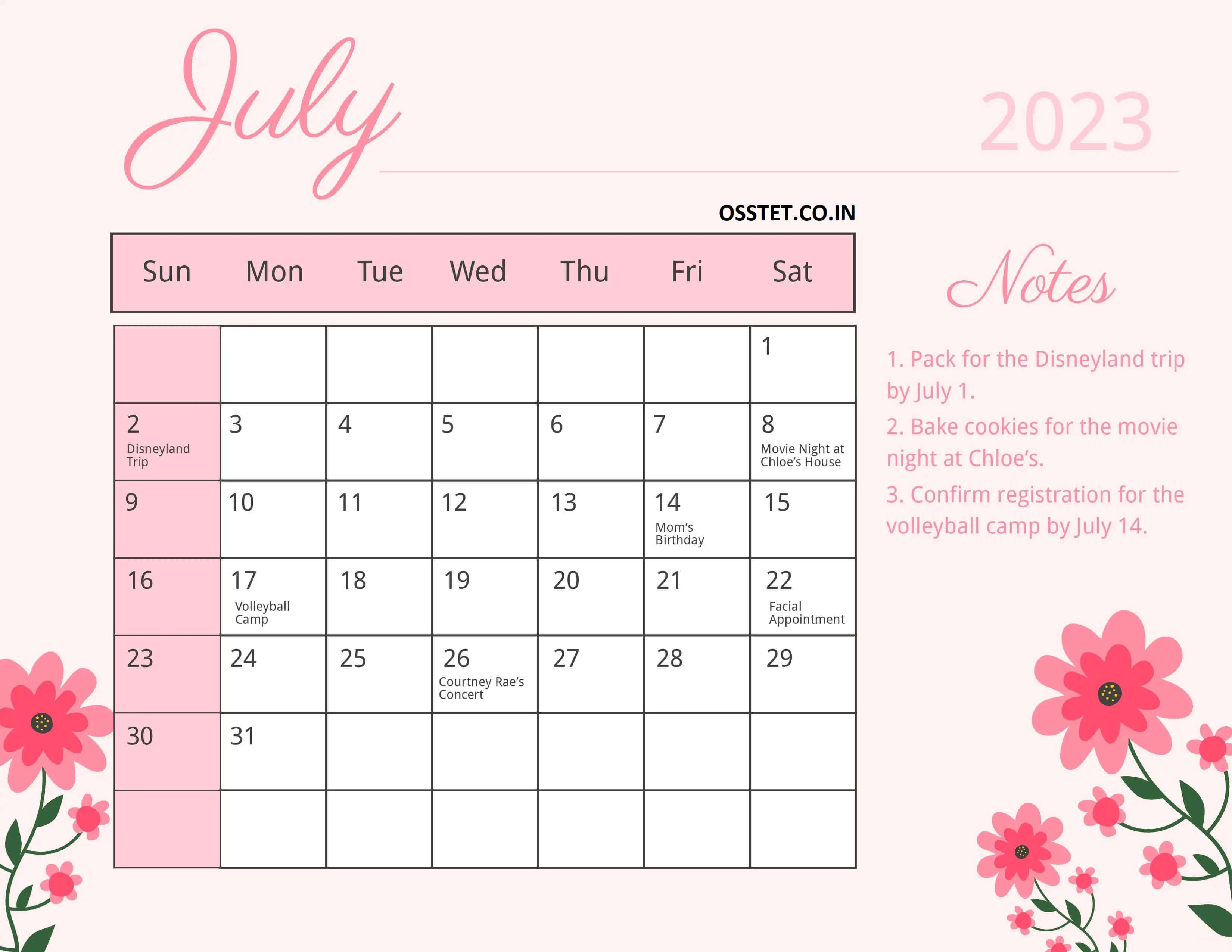 Cute July Calendar 2023 Printable Templates