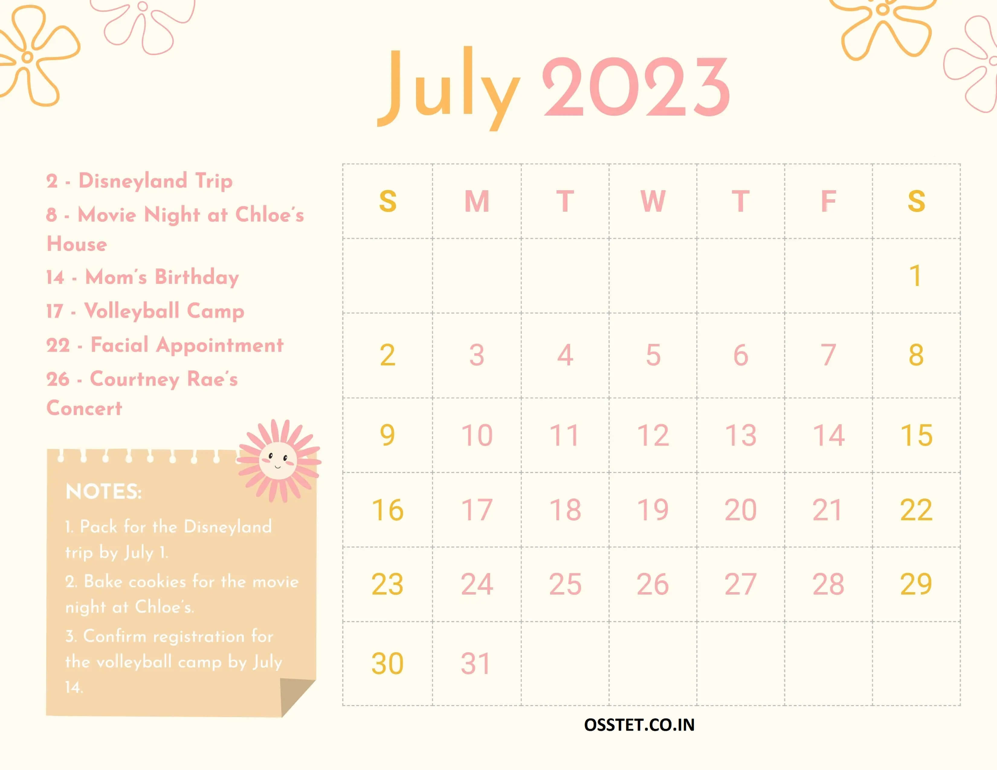 Cute July Calendar 2023