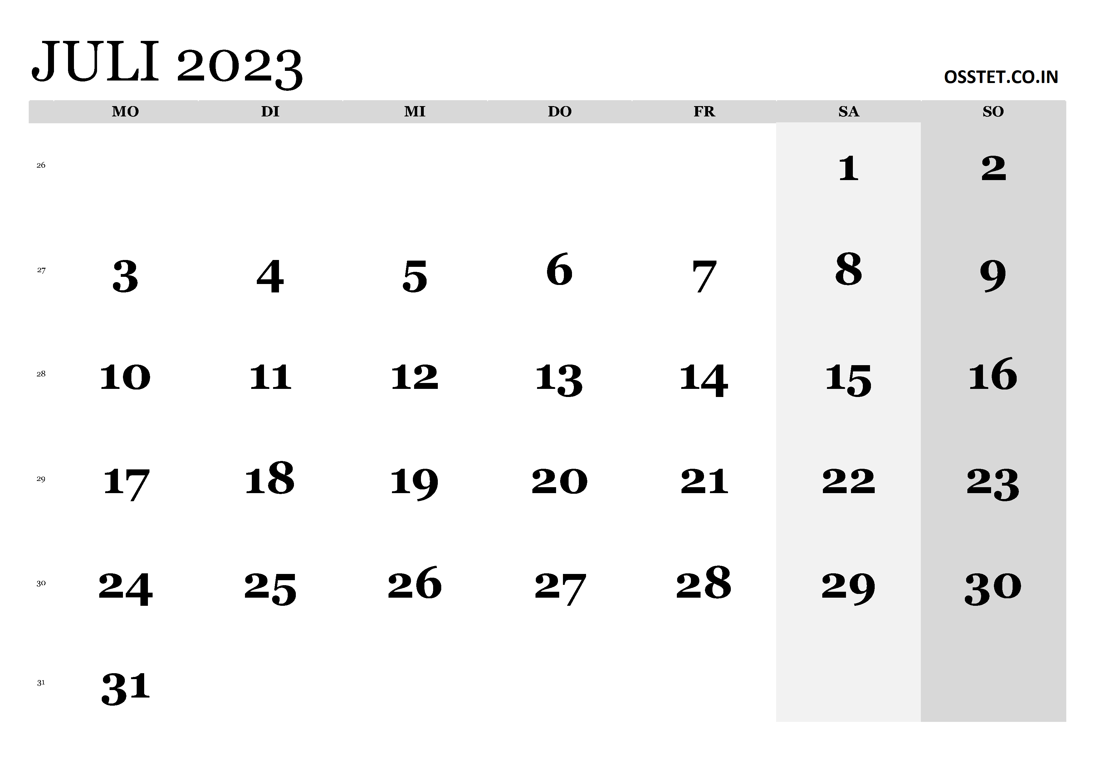 Druckversion Juli 2023 Kalender PDF Word Excel