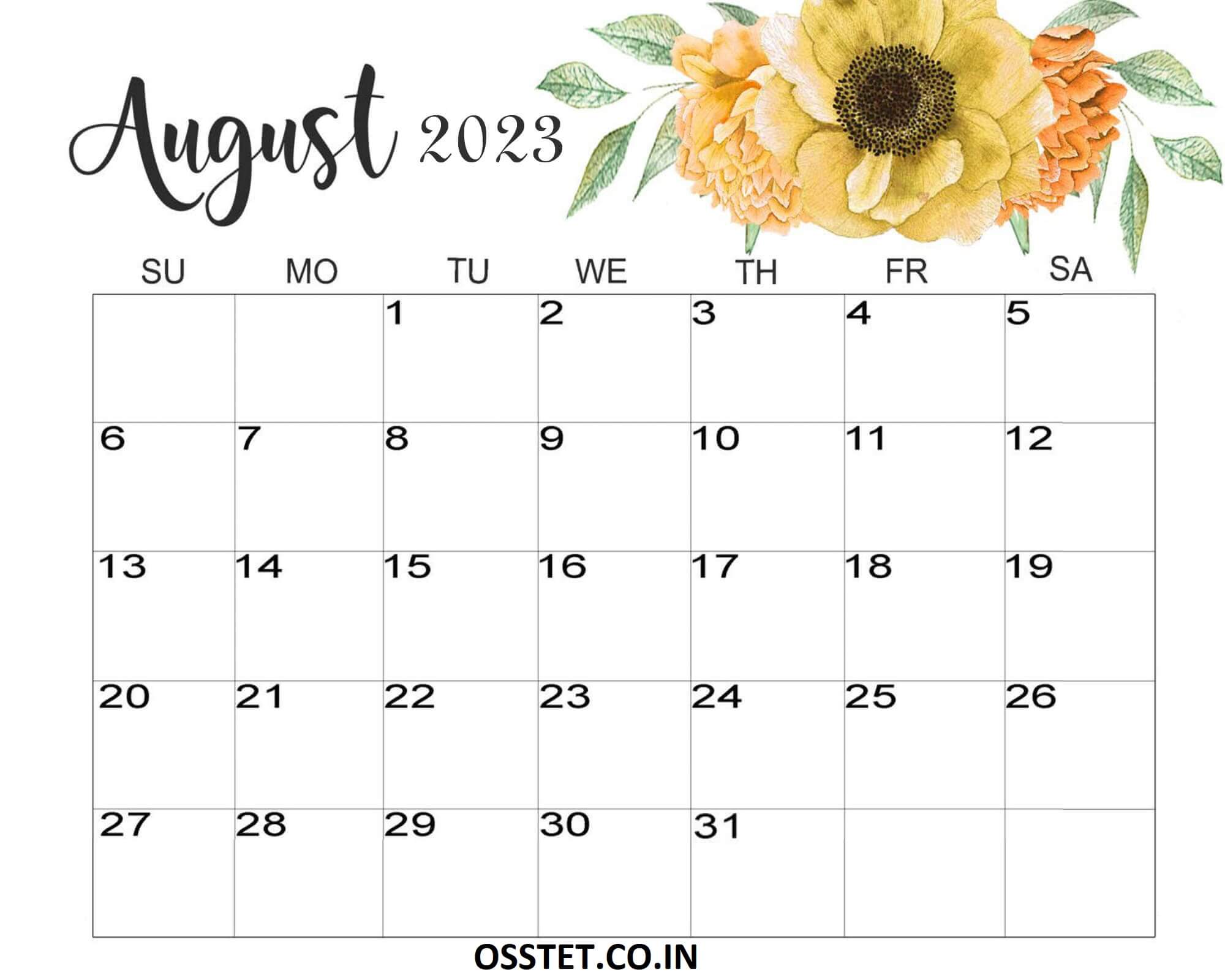 Free Floral August 2023 Calendar Cute Printable