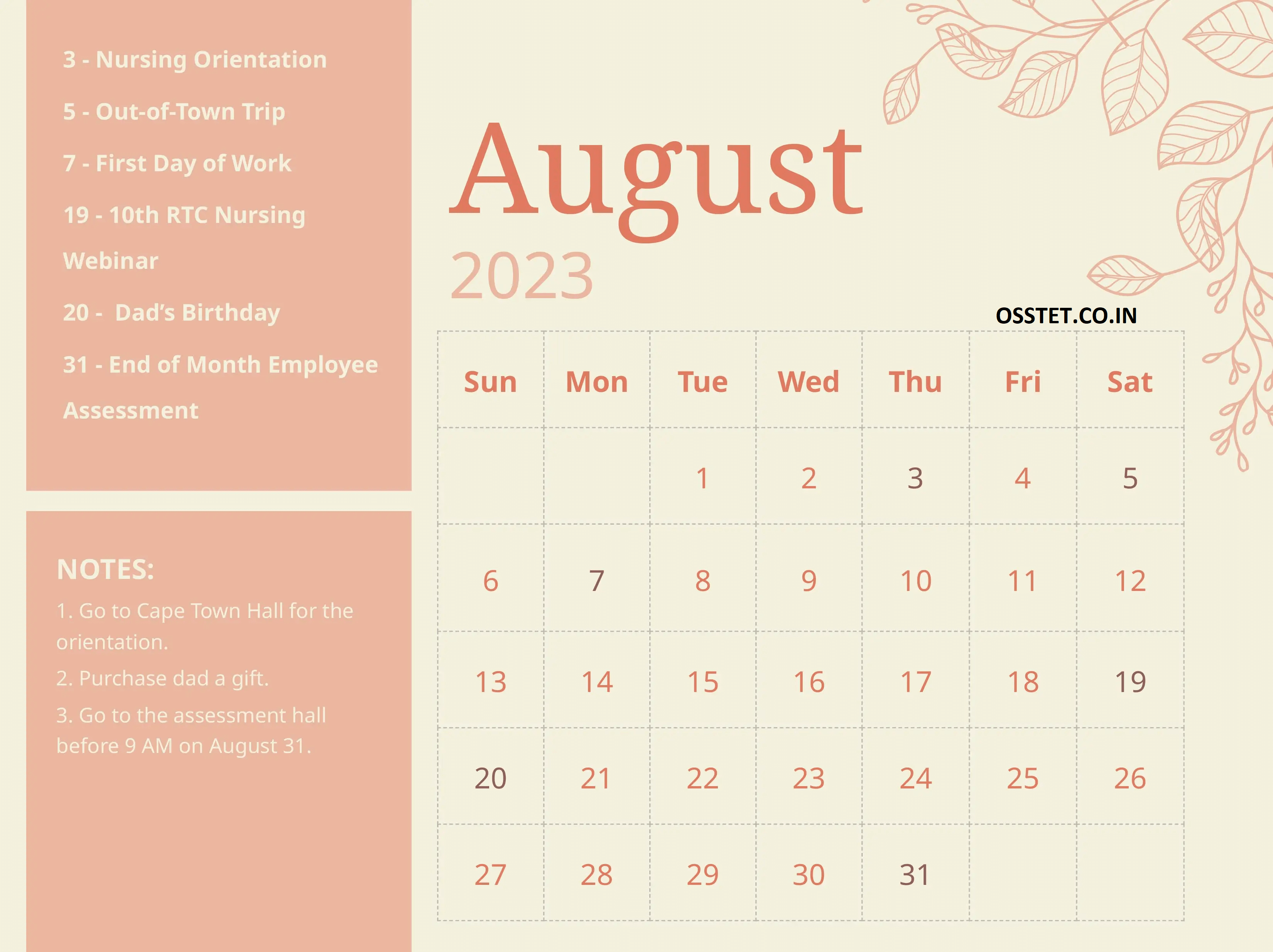 Free Floral August 2023 Calendar Template
