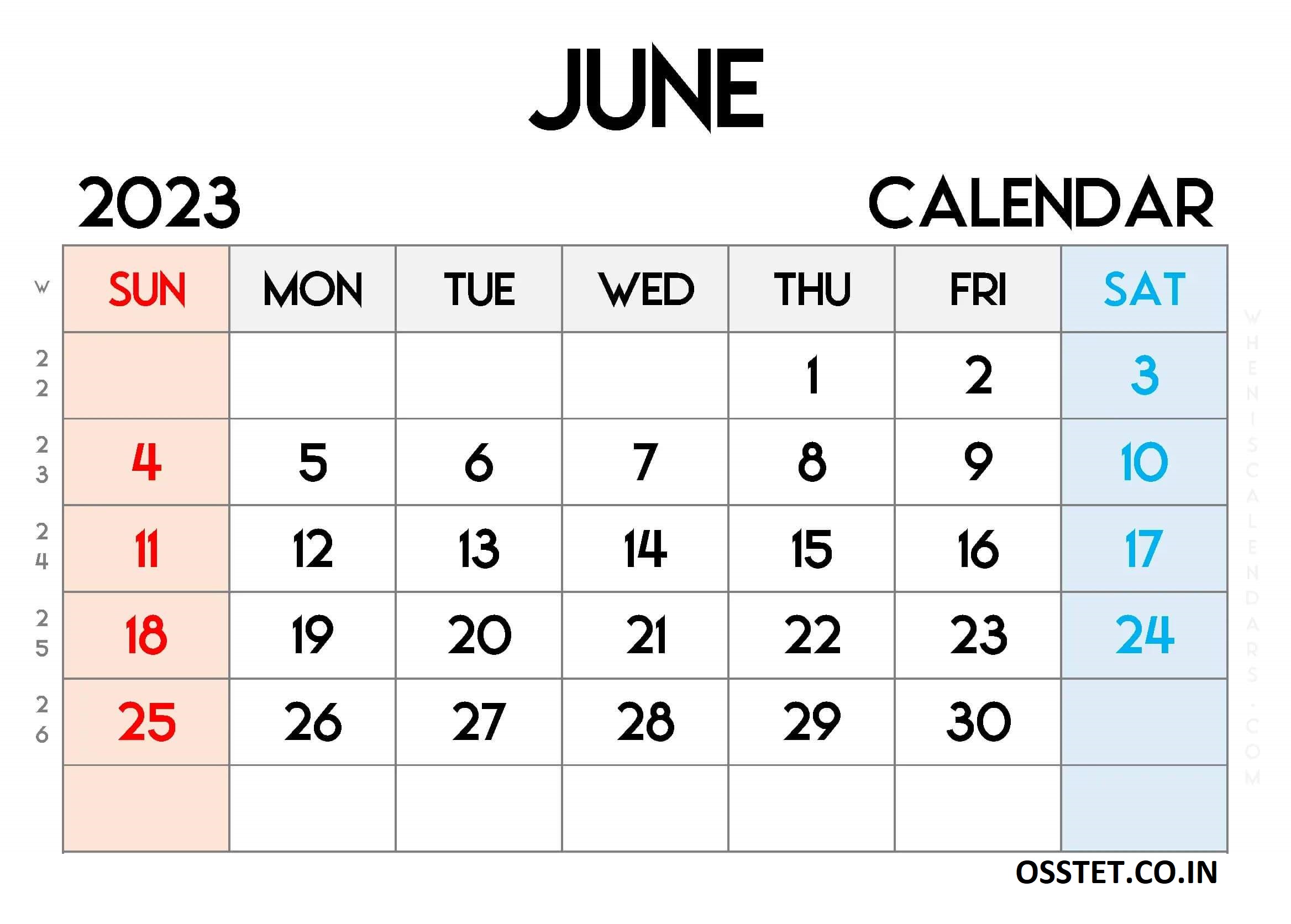 Free Printable June Calendar 2023 With Week Numbers