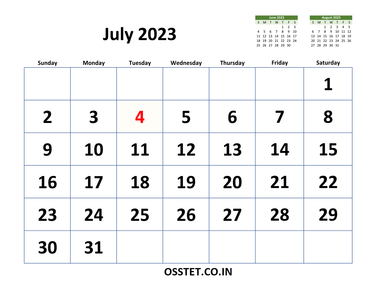 July 2023 Calendar Excel