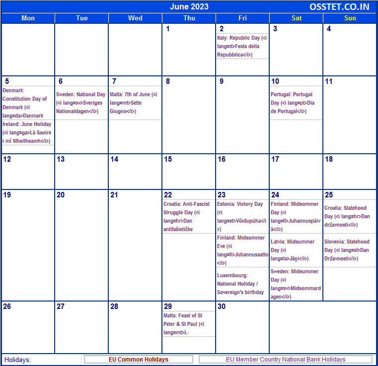 June 2023 Calendar Holidays Templates
