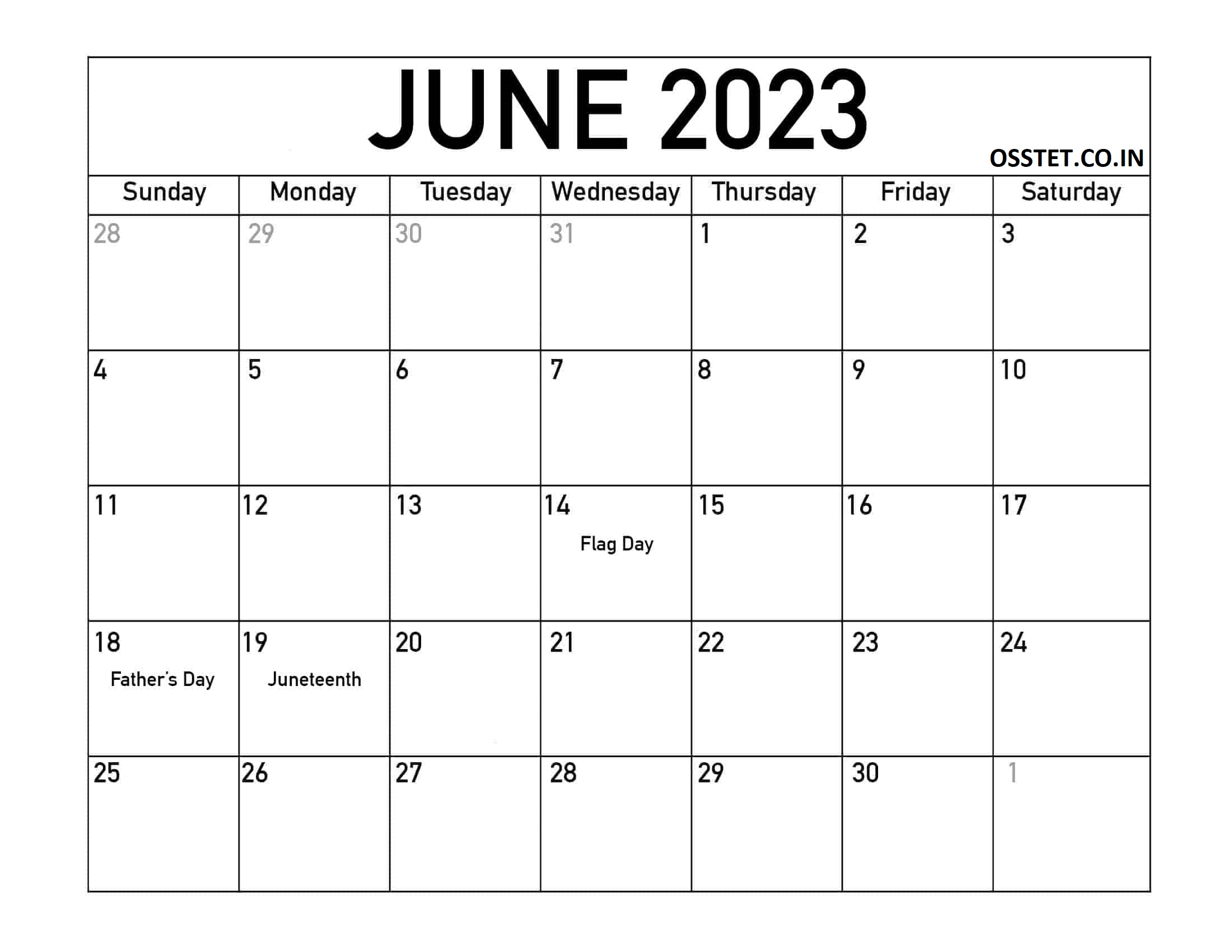 June 2023 Calendar Holidays