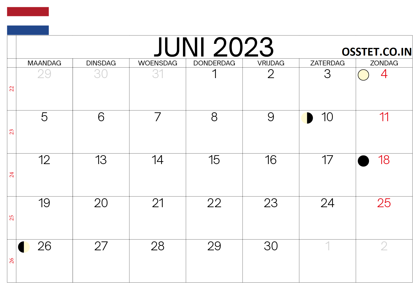 Kalender 2023 Juni Nederland Zum Ausdrucken