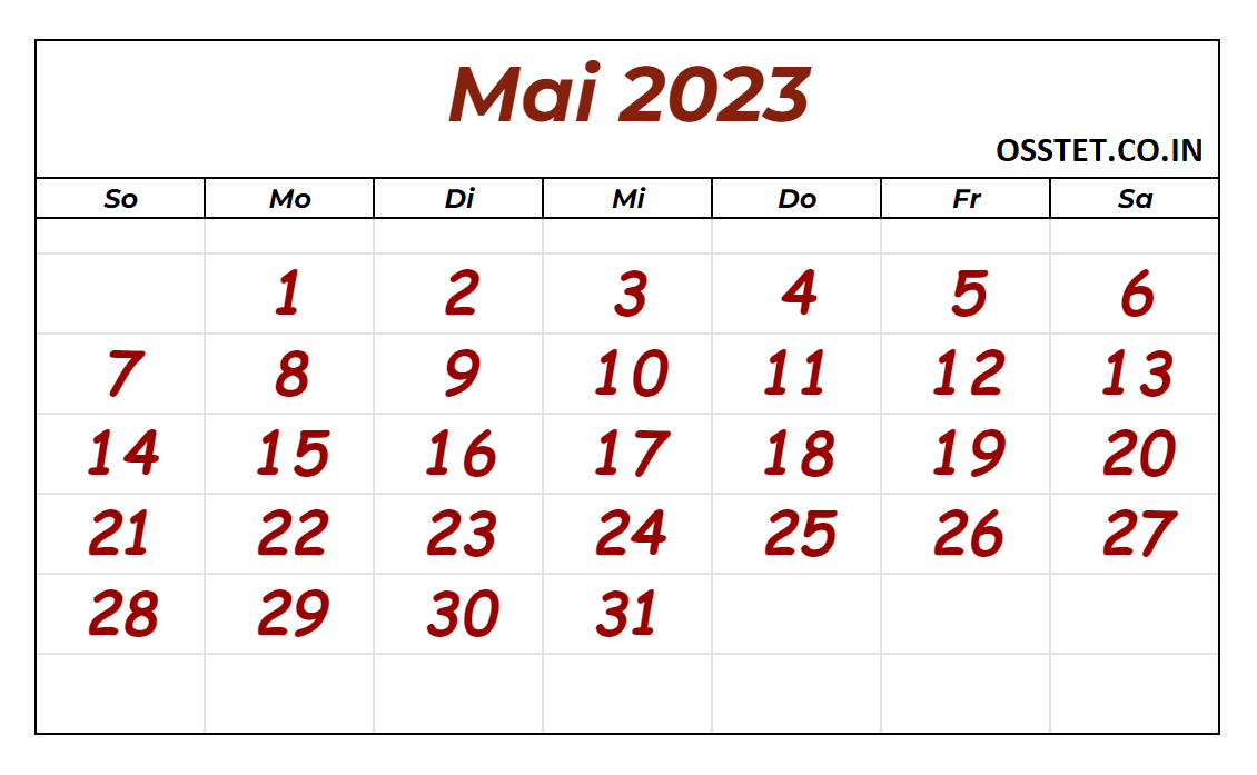 Kostenlos druckbarer Mai 2023 Kalender