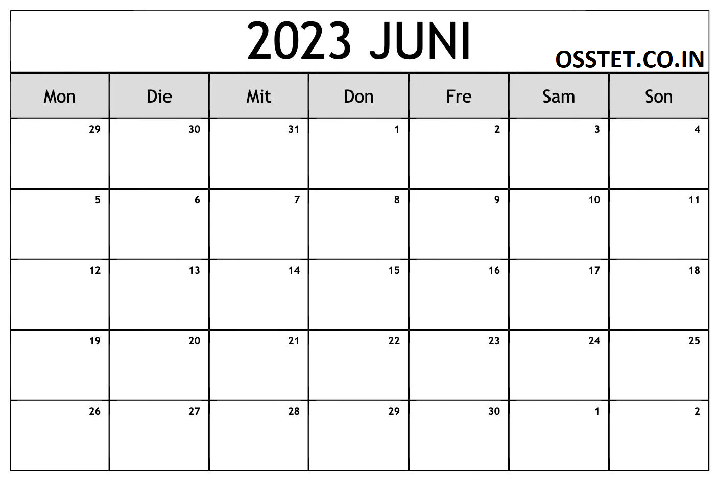 Kostenloser druckbarer Kalender Juni 2023