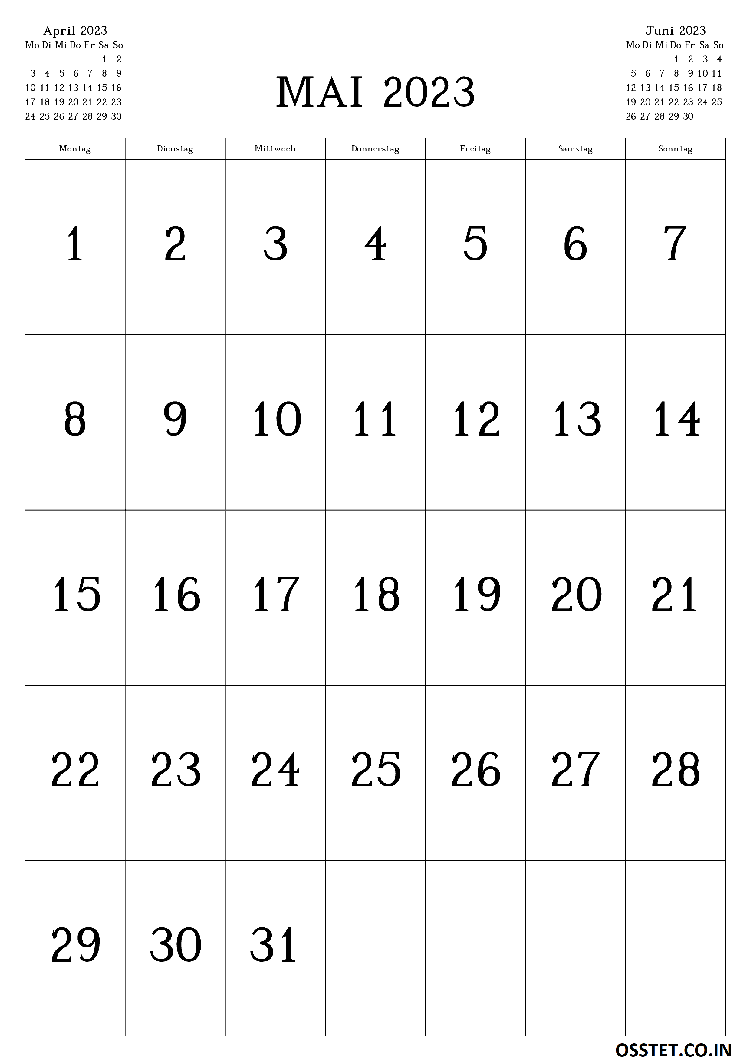 Mai 2023 Kalender vertikal