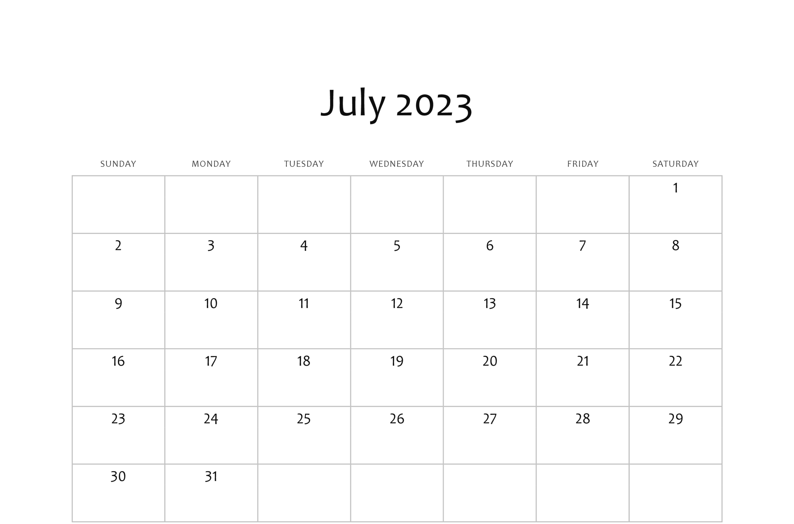 Blank July 2023 Calendar Editable