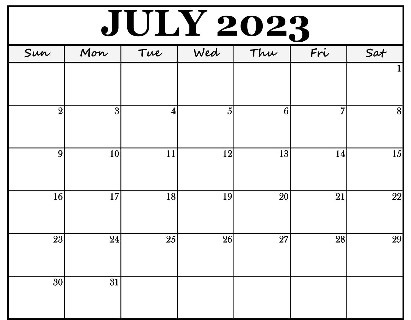 Blank July 2023 Calendar Templates
