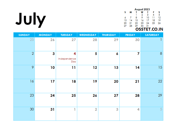 July 2023 Calendar with Holidays Template
