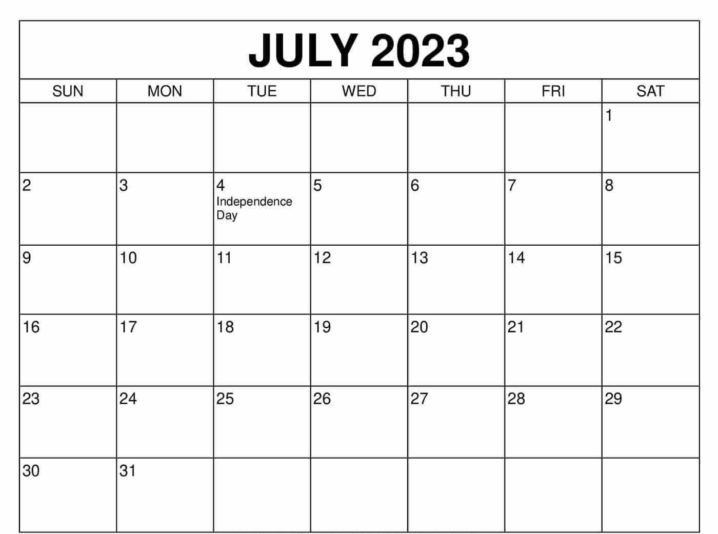 Printable Blank 2023 July Calendar Excel