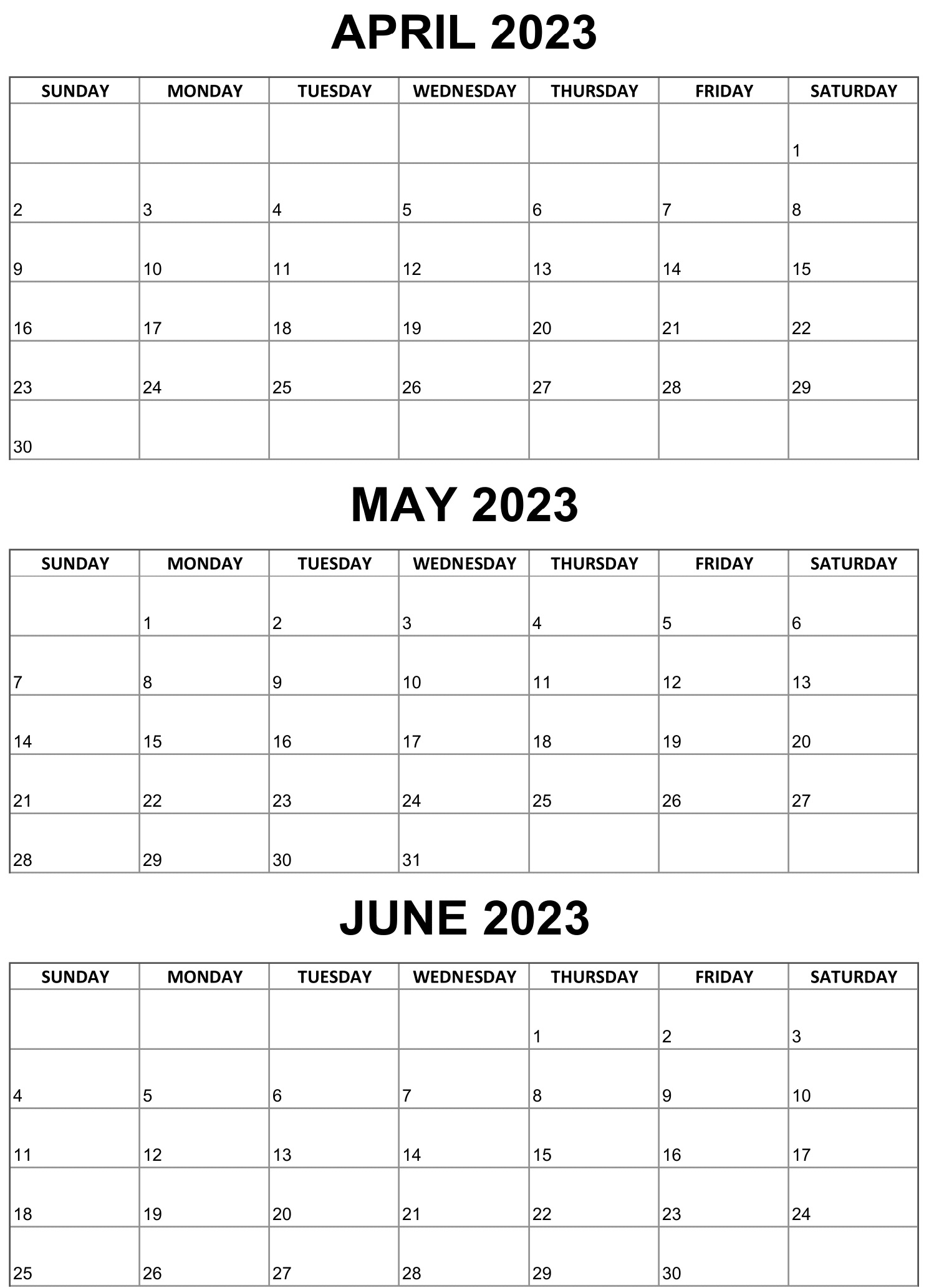 Q2 Calendars 2023 April To June 2023