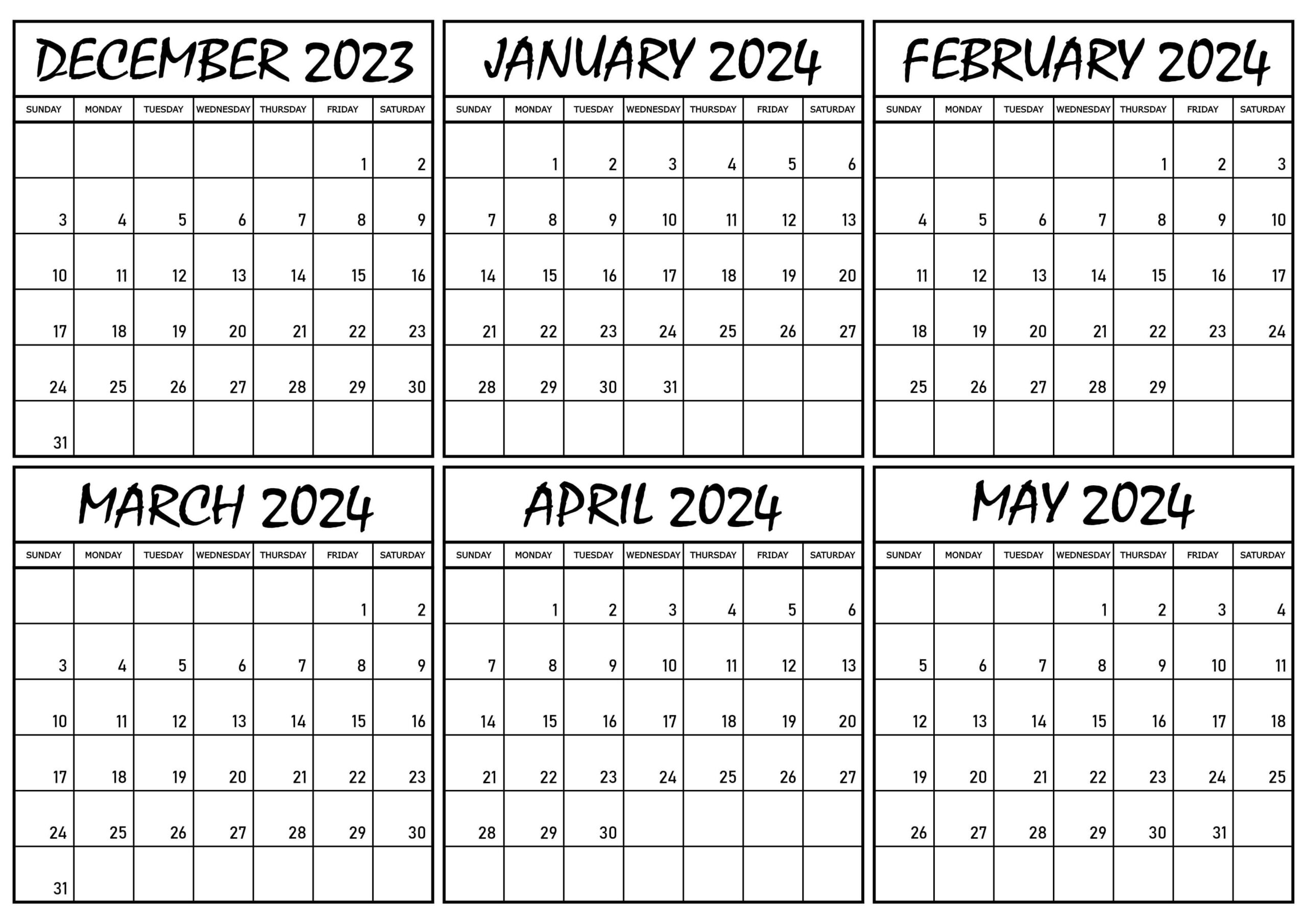 Blank December 2023 to May 2024 Calendar