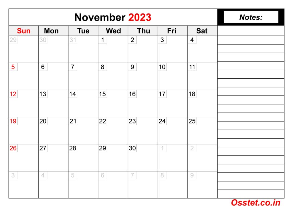 November 2023 Calendar With Notes