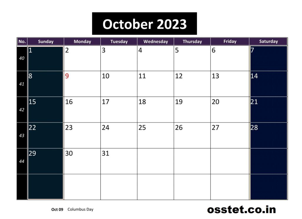 printable calendar October 2023 for Desk