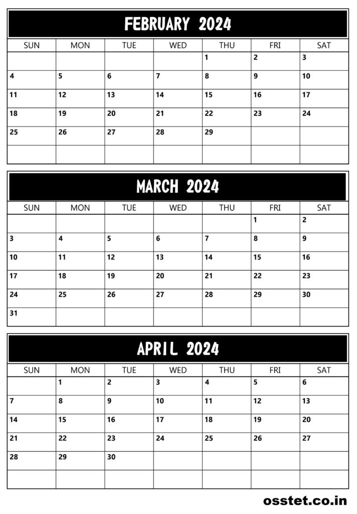 2024 February to April Calendar