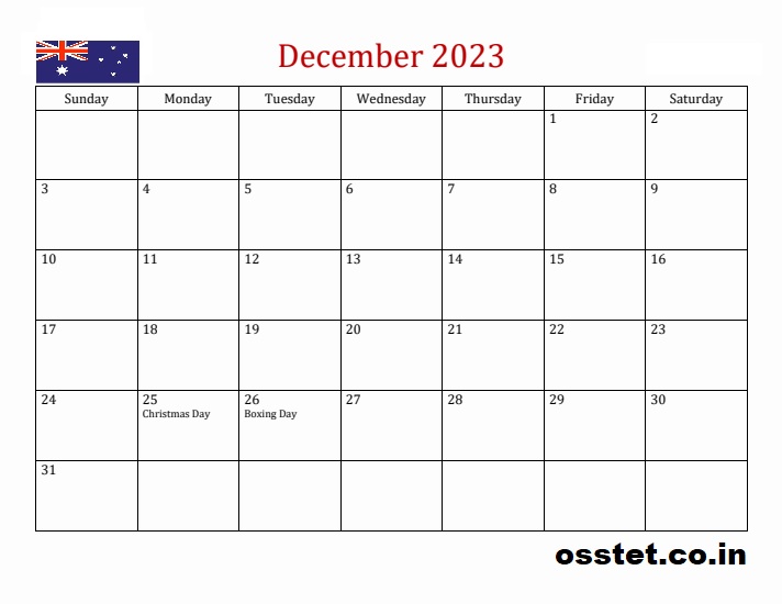 Australia December 2023 Holiday Calendar