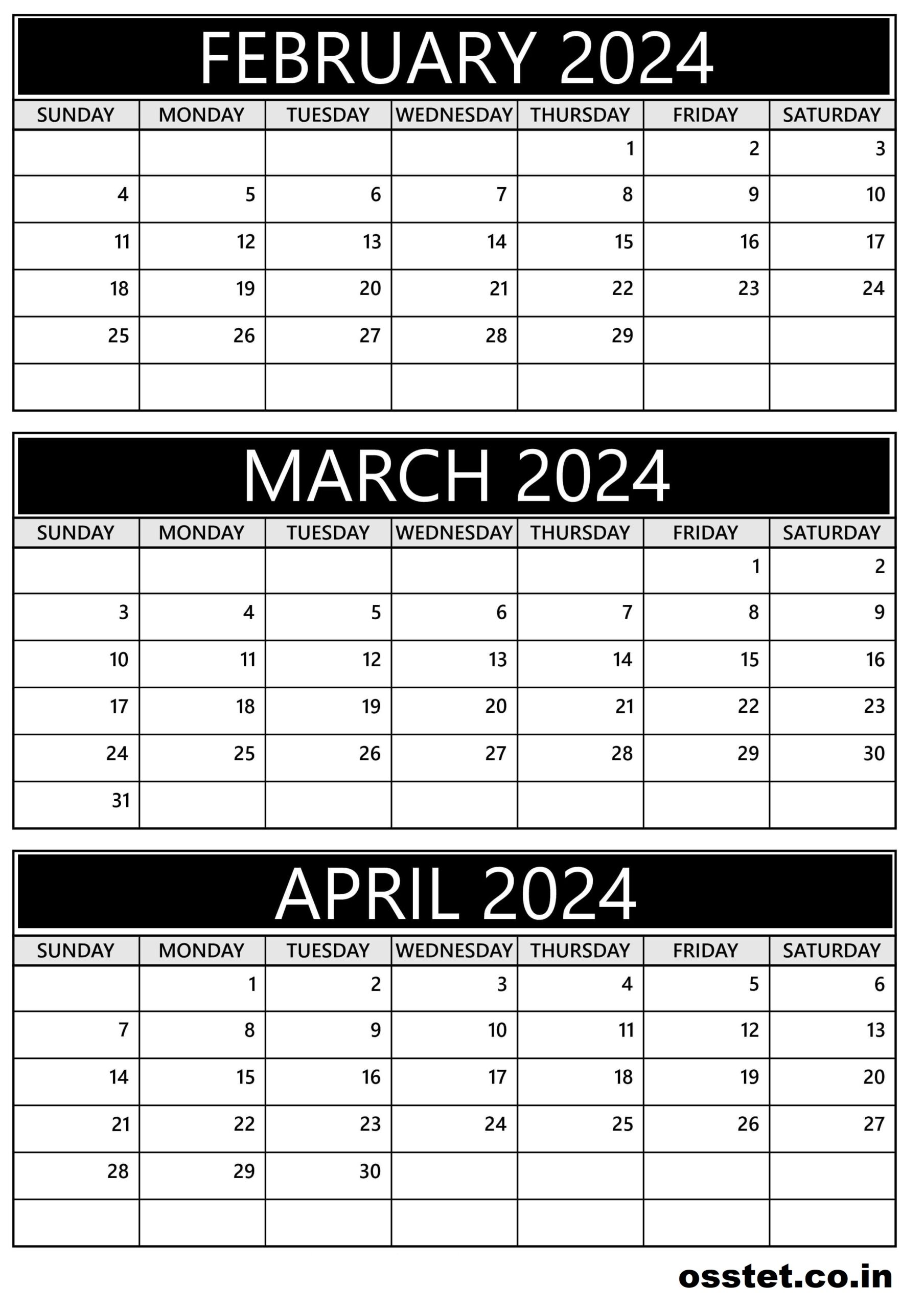 Printable February March & April 2024 Calendar