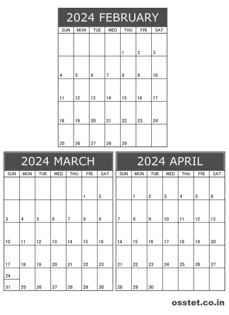 Calendar February March & April 2024