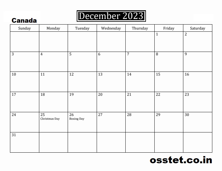 Canada December 2023 Holiday Calendar