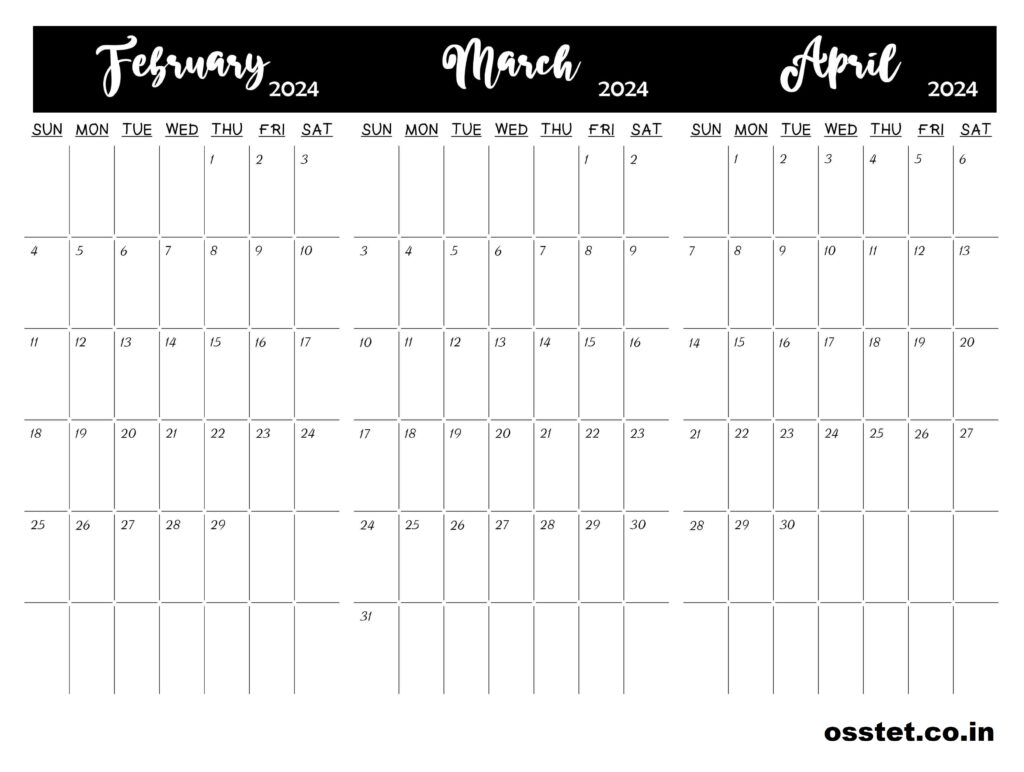 February March April Calendar 2024