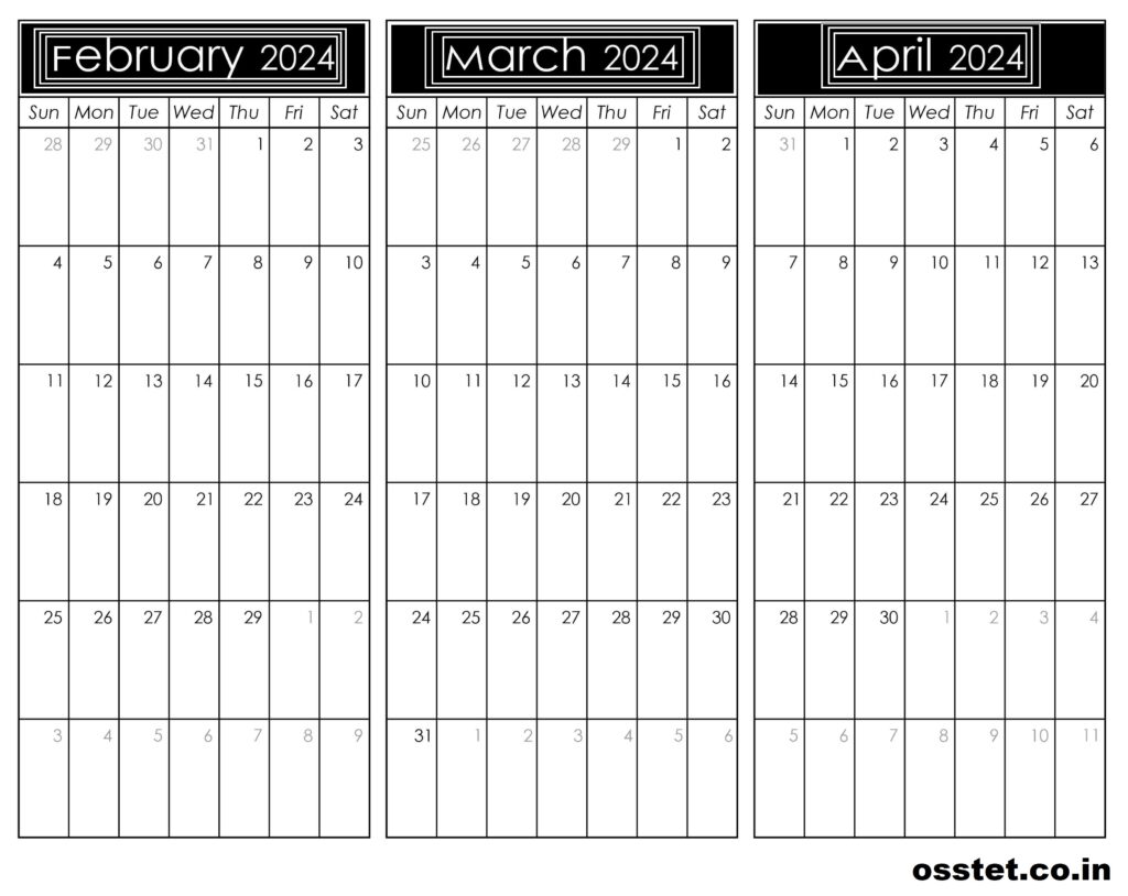 February March & April Calendar 2024
