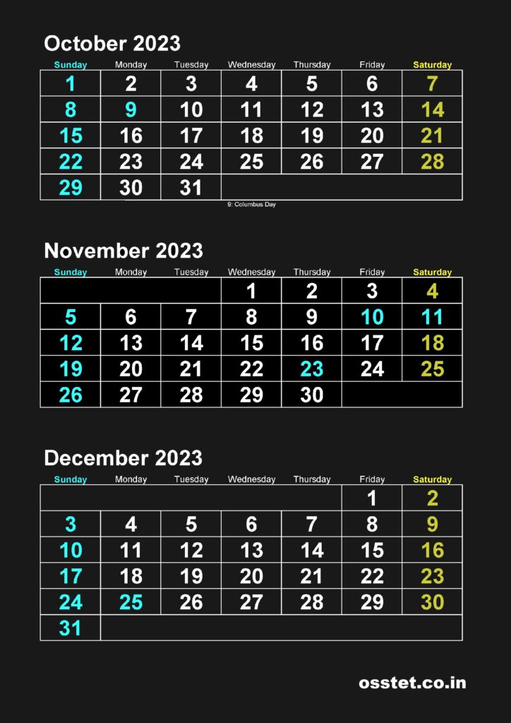 Free October November December 2023 Calendar