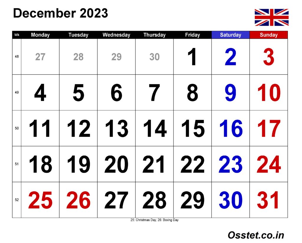 Free U K December 2023 Holiday Calendar