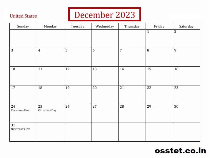 Free USA December 2023 Holiday Calendar