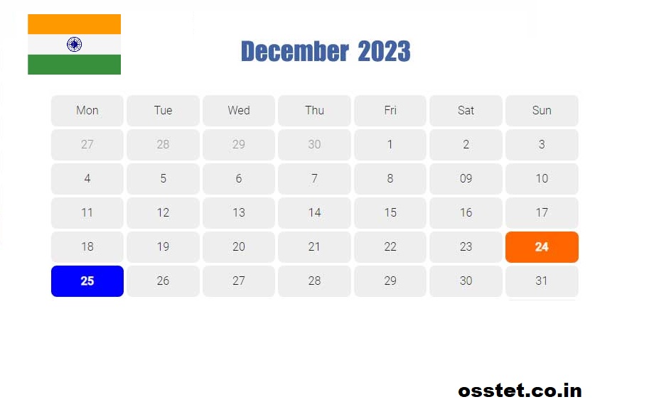 India December 2023 Holiday Calendar