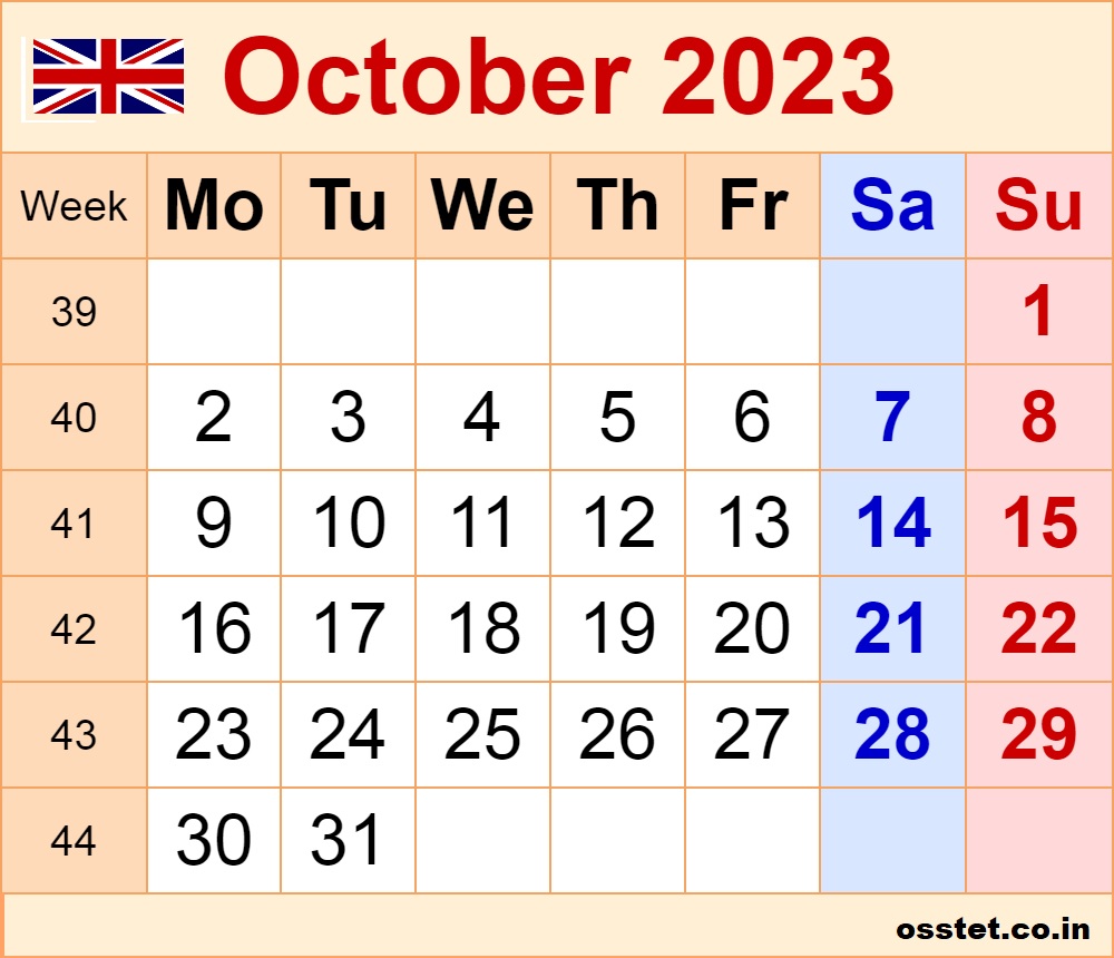 October 2023 UK Calendar