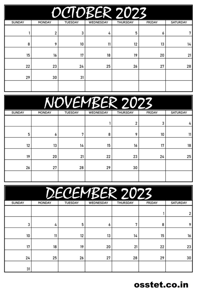 October November & December Calendar 2023