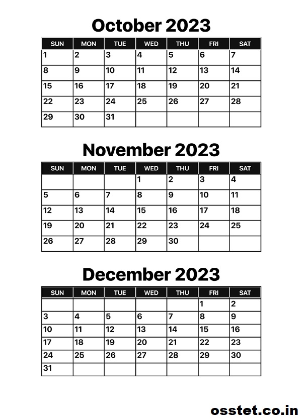 Free Printable October November December 2023 Calendar