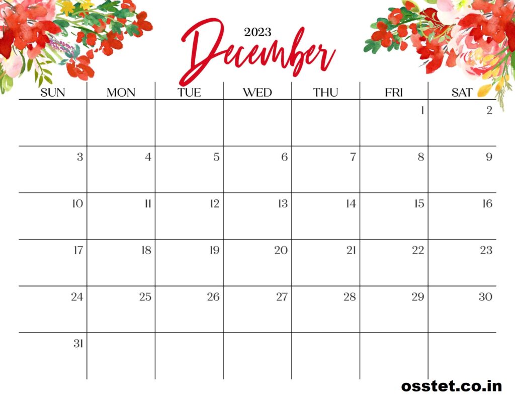 Printable Floral Calendar December 2023